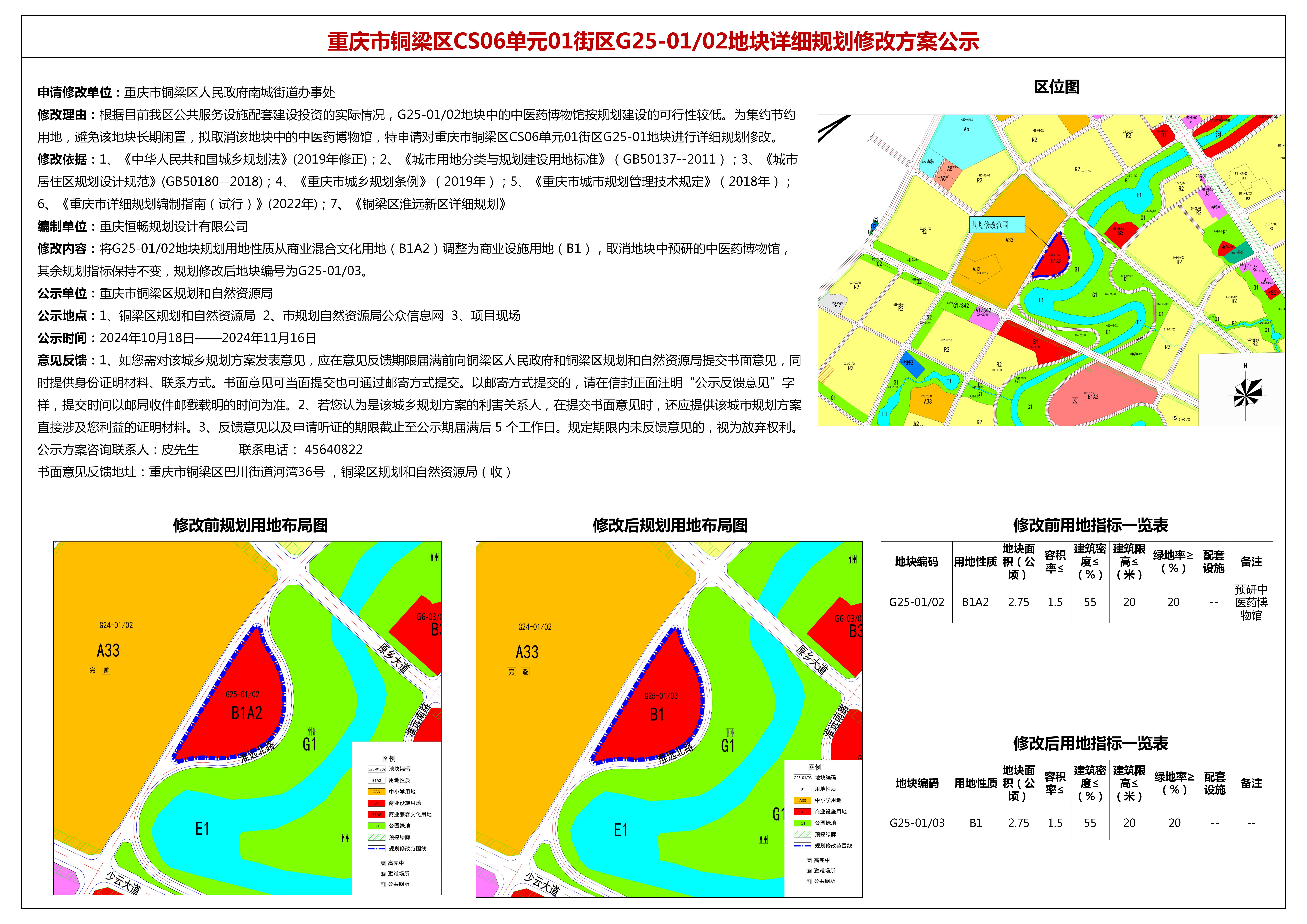 重庆市铜梁区cs06单元01街区g25-01/02地块详细规划修改方案公示